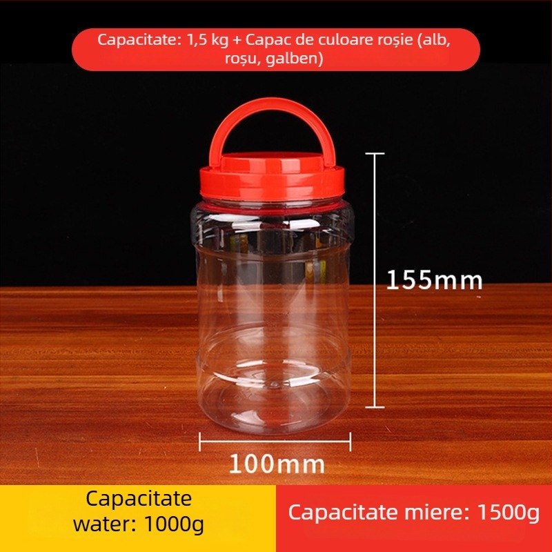 Sticlă PET pentru depozitare cu gură largă, capacitate 1,5 kg, capac sigilat, material plastic