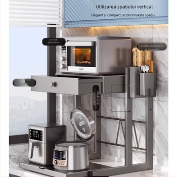 Raft de depozitare pentru cuptorul cu microunde, tip sertar, cu două niveluri, din oțel carbon, modelul 8040, stil modern minimalist
