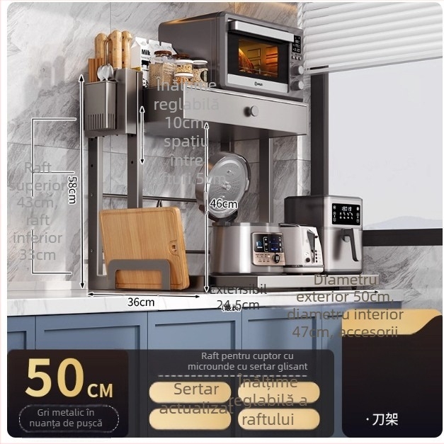 Raft de depozitare pentru cuptorul cu microunde, tip sertar, cu două niveluri, din oțel carbon, modelul 8040, stil modern minimalist