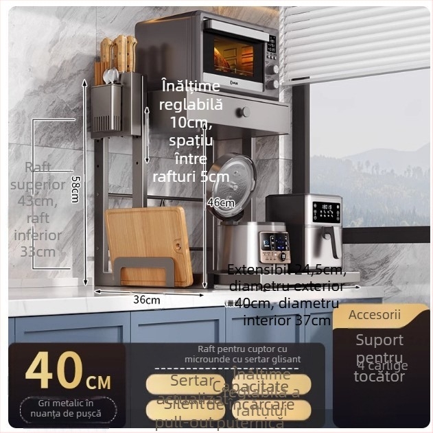 Raft de depozitare pentru cuptorul cu microunde, tip sertar, cu două niveluri, din oțel carbon, modelul 8040, stil modern minimalist