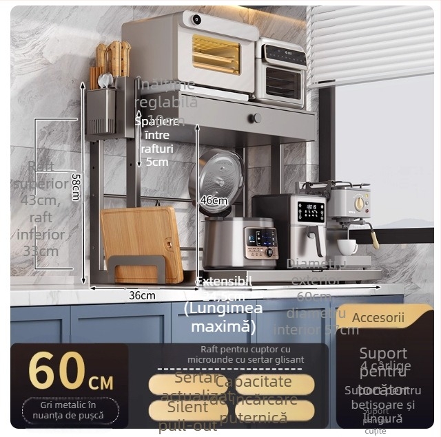 Raft de depozitare pentru cuptorul cu microunde, tip sertar, cu două niveluri, din oțel carbon, modelul 8040, stil modern minimalist