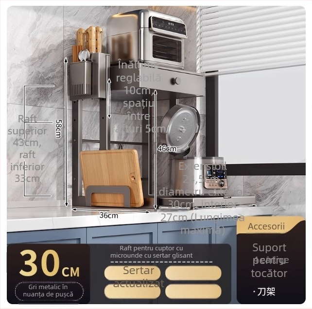 Raft de depozitare pentru cuptorul cu microunde, tip sertar, cu două niveluri, din oțel carbon, modelul 8040, stil modern minimalist