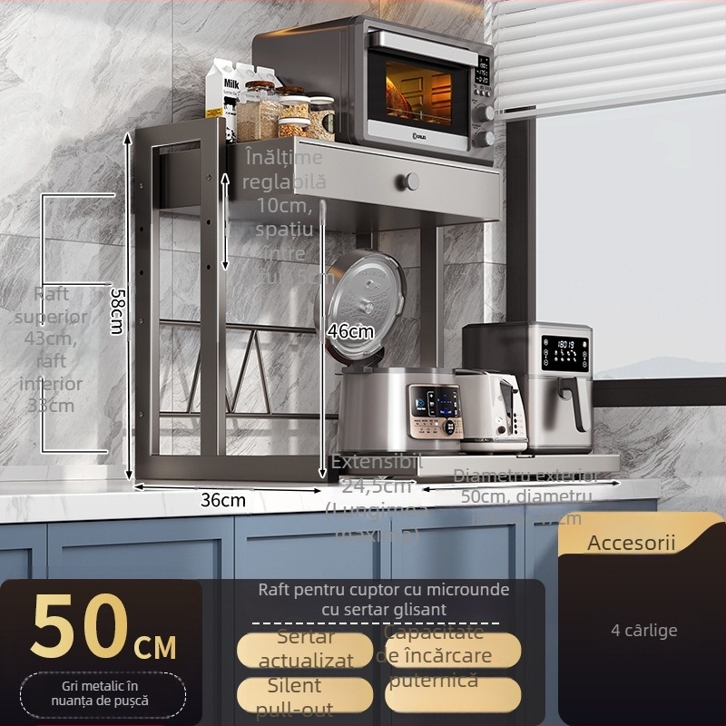 Raft de depozitare pentru cuptorul cu microunde, tip sertar, cu două niveluri, din oțel carbon, modelul 8040, stil modern minimalist