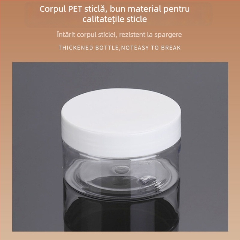Sticlă PET cu gât larg, finisaj mat, capacitate 100–250 ml, diametrul gâtului 68 mm, diametrul corpului 71 mm