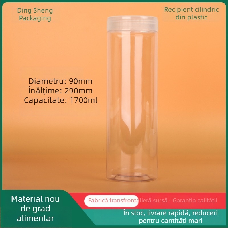Recipient cilindric transparent din PET, gură largă cu capac filetat, 1700 ml, dimensiuni 9×29 cm