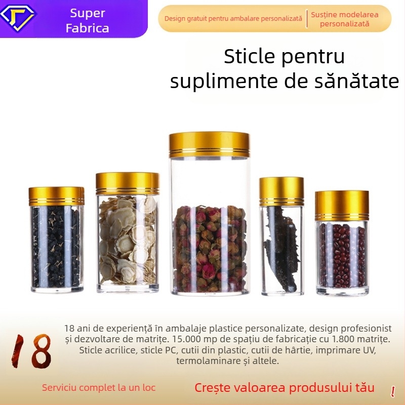 Sticlă acrilică pentru îngrijire a sănătății, capac din aluminiu, plastic PC, recipient pentru capsule și ceai, borcan transparent sigilat