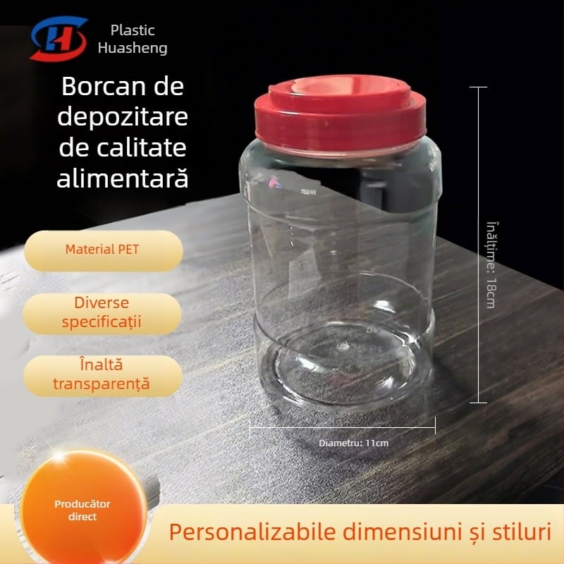 Borcan din plastic PET transparent cu capac, capacitate 1400 g, Ø110 mm × 180 mm