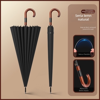 Umbrelă cu mâner lung pentru bărbați, mâner din lemn curbat – cadru întărit cu 24 de arce, deschidere semi-automată, țesătură 190T