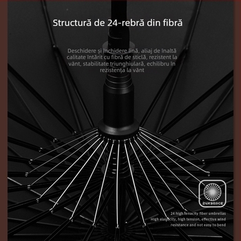 Umbrelă cu mâner lung pentru bărbați, mâner din lemn curbat – cadru întărit cu 24 de arce, deschidere semi-automată, țesătură 190T