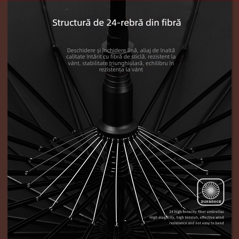 Umbrelă cu mâner lung pentru bărbați, mâner din lemn curbat – cadru întărit cu 24 de arce, deschidere semi-automată, țesătură 190T