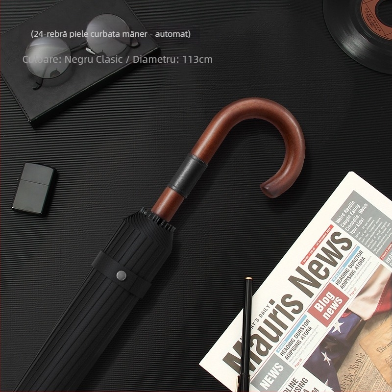 Umbrelă cu mâner lung pentru bărbați, mâner din lemn curbat – cadru întărit cu 24 de arce, deschidere semi-automată, țesătură 190T