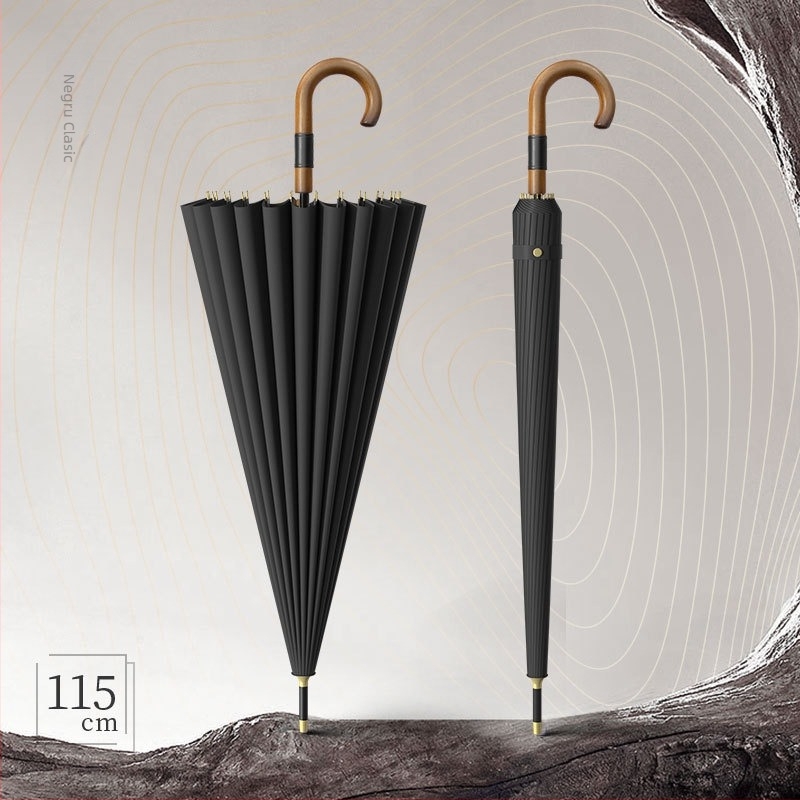 Umbrelă cu mâner lung pentru bărbați, mâner din lemn curbat – cadru întărit cu 24 de arce, deschidere semi-automată, țesătură 190T