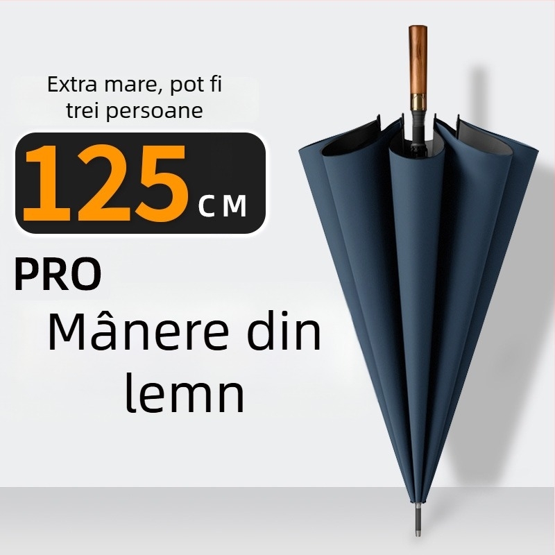 Umbrelă cu mâner lung pentru bărbați, mâner din lemn curbat – cadru întărit cu 24 de arce, deschidere semi-automată, țesătură 190T