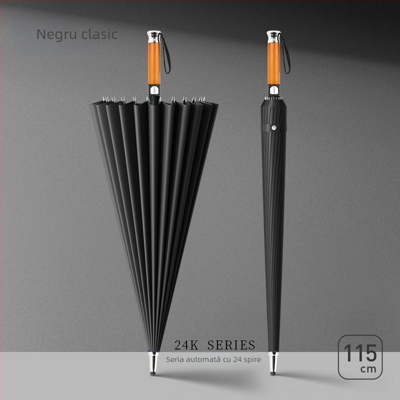 Umbrelă cu mâner lung pentru bărbați, mâner din lemn curbat – cadru întărit cu 24 de arce, deschidere semi-automată, țesătură 190T