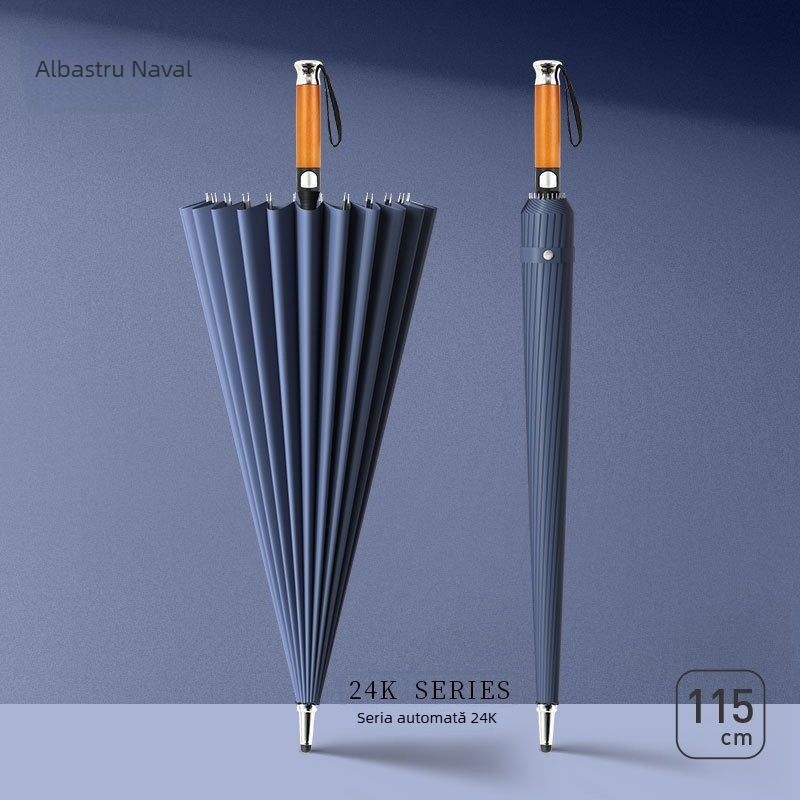Umbrelă cu mâner lung pentru bărbați, mâner din lemn curbat – cadru întărit cu 24 de arce, deschidere semi-automată, țesătură 190T