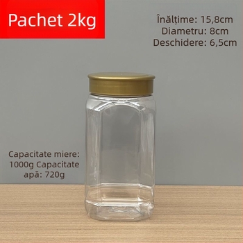 Sticlă de miere, PET plastic, capacitate 1000 g, cu capac, etichetare cu autocolant, logo imprimat