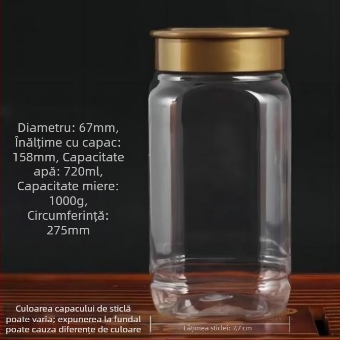 Sticlă de miere, PET plastic, capacitate 1000 g, cu capac, etichetare cu autocolant, logo imprimat