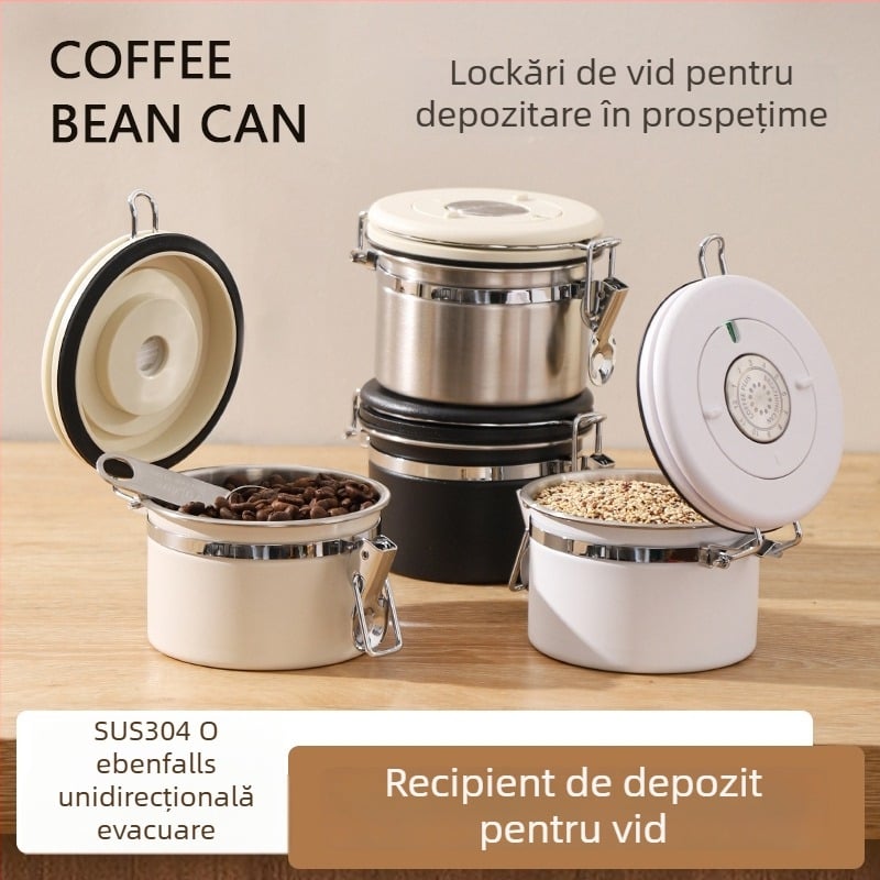 Recipient din oțel inoxidabil 304, sigilat la vid, pentru boabe de cafea, cafea măcinată și lapte praf, rezistent la umezeală, formă circulară, 301–500 ml