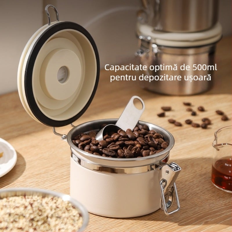 Recipient din oțel inoxidabil 304, sigilat la vid, pentru boabe de cafea, cafea măcinată și lapte praf, rezistent la umezeală, formă circulară, 301–500 ml