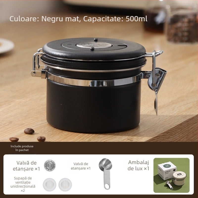 Recipient din oțel inoxidabil 304, sigilat la vid, pentru boabe de cafea, cafea măcinată și lapte praf, rezistent la umezeală, formă circulară, 301–500 ml