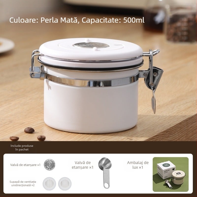 Recipient din oțel inoxidabil 304, sigilat la vid, pentru boabe de cafea, cafea măcinată și lapte praf, rezistent la umezeală, formă circulară, 301–500 ml