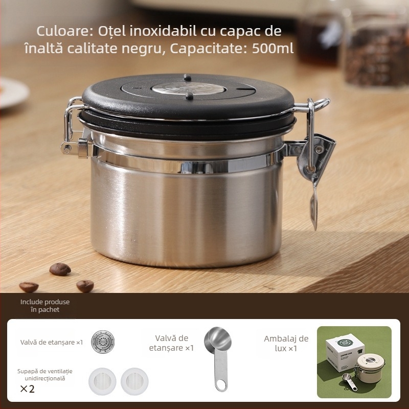 Recipient din oțel inoxidabil 304, sigilat la vid, pentru boabe de cafea, cafea măcinată și lapte praf, rezistent la umezeală, formă circulară, 301–500 ml