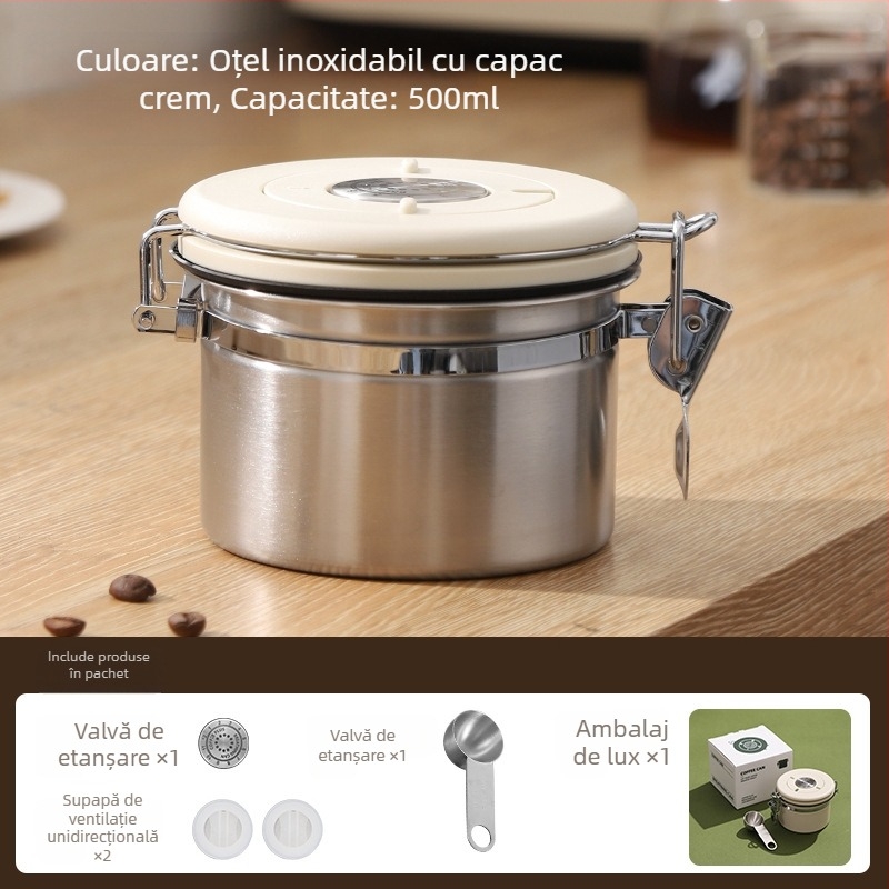 Recipient din oțel inoxidabil 304, sigilat la vid, pentru boabe de cafea, cafea măcinată și lapte praf, rezistent la umezeală, formă circulară, 301–500 ml