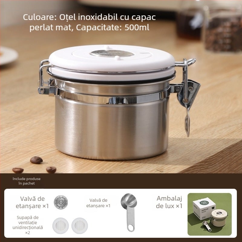 Recipient din oțel inoxidabil 304, sigilat la vid, pentru boabe de cafea, cafea măcinată și lapte praf, rezistent la umezeală, formă circulară, 301–500 ml