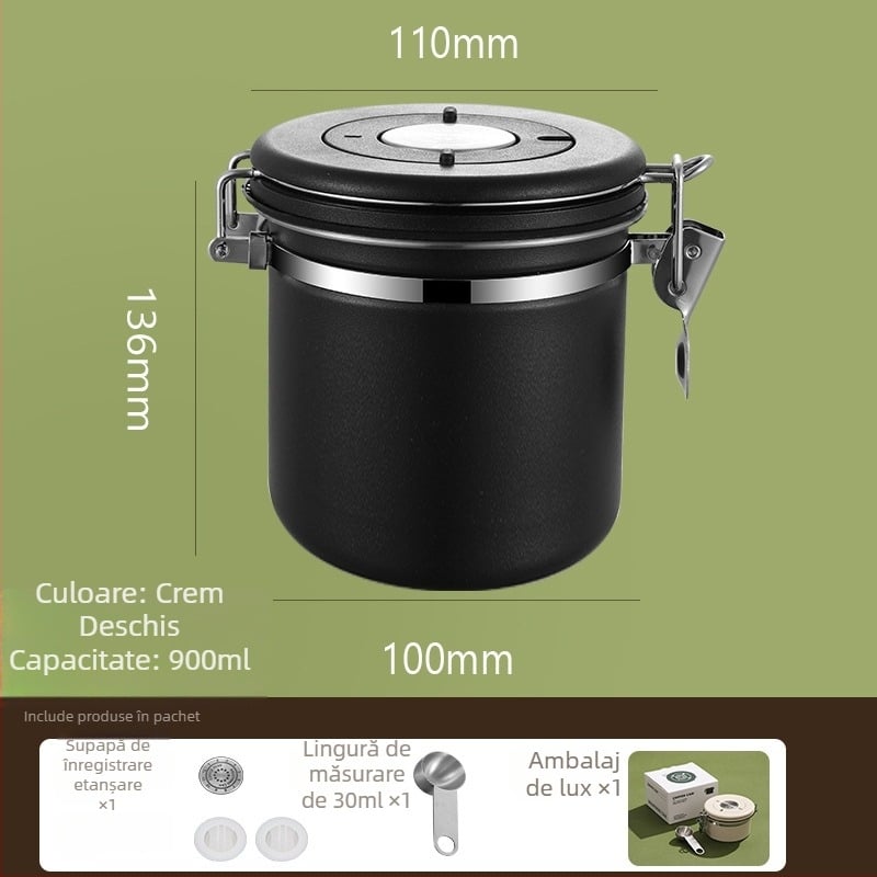 Recipient din oțel inoxidabil 304, sigilat la vid, pentru boabe de cafea, cafea măcinată și lapte praf, rezistent la umezeală, formă circulară, 301–500 ml