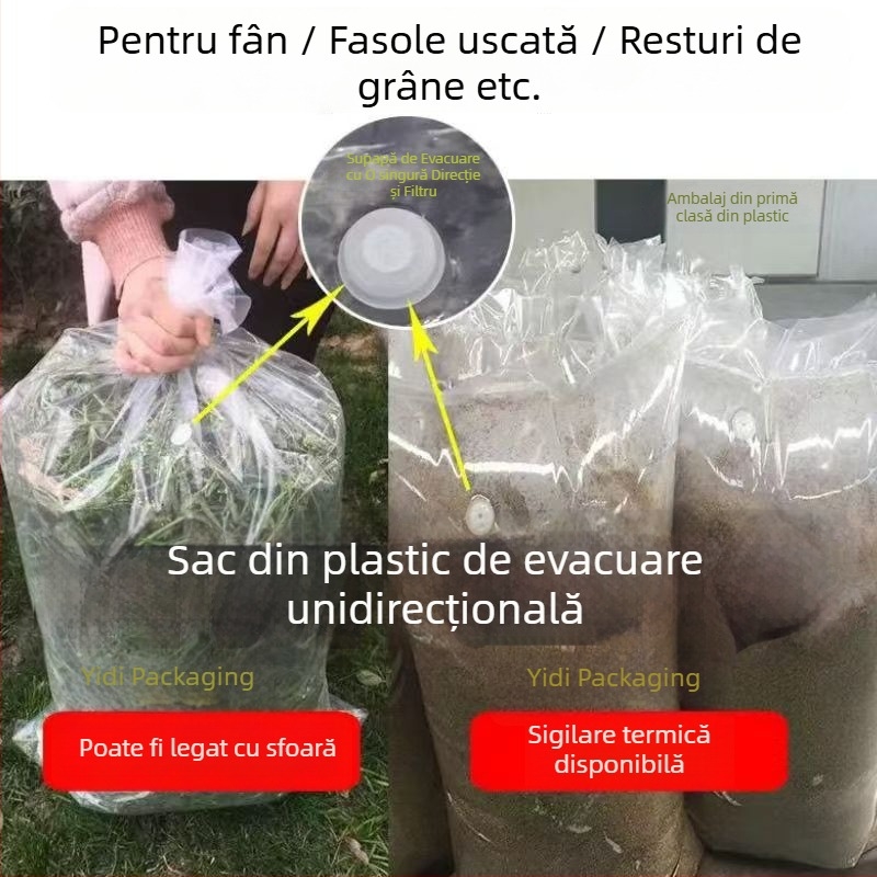 Sac transparent pentru fermentarea furajelor, cu valvă de evacuare unidirecțională, film PE cu șapte straturi coextrudat