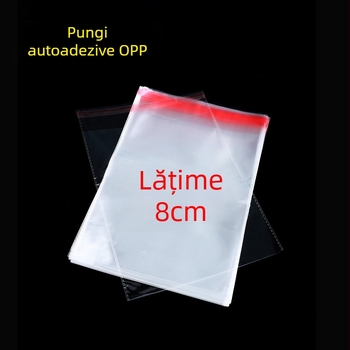 Pungi OPP autoadezive, lățime 8 cm, transparente, cu etichetă pentru ambalarea hainelor
