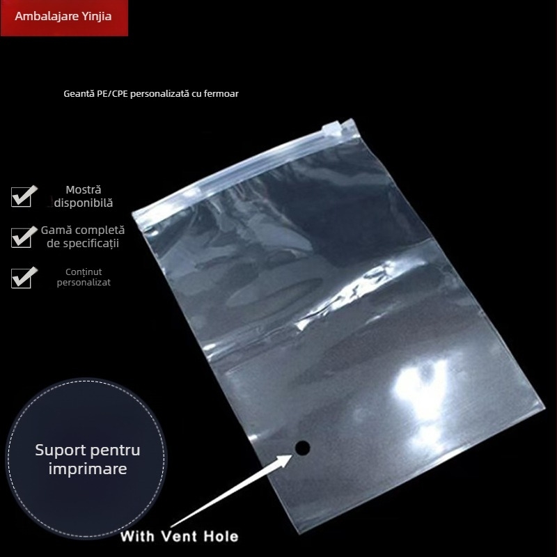 Pungă PE cu fermoar, transparentă CPE mată, pentru haine și șosete, pungă de ambalaj autoînchis, personalizabilă cu imprimare logo, 100% materiale virgine, metode de imprimare: offset, UV, gravură, sarcină maximă 1000