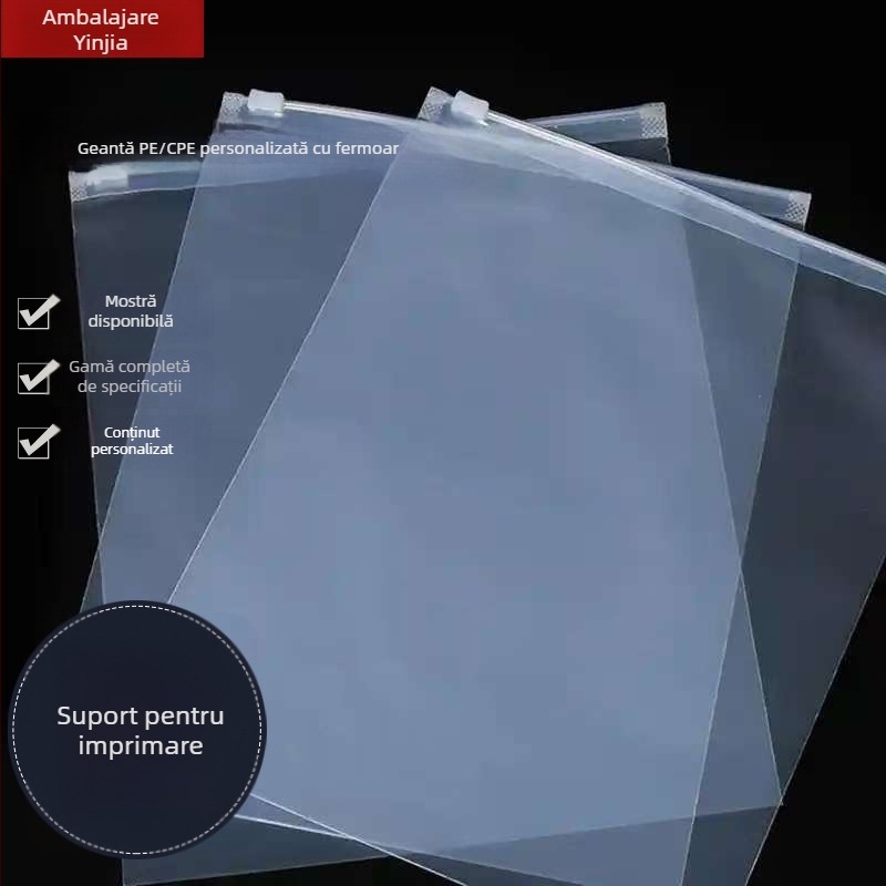 Pungă PE cu fermoar, transparentă CPE mată, pentru haine și șosete, pungă de ambalaj autoînchis, personalizabilă cu imprimare logo, 100% materiale virgine, metode de imprimare: offset, UV, gravură, sarcină maximă 1000