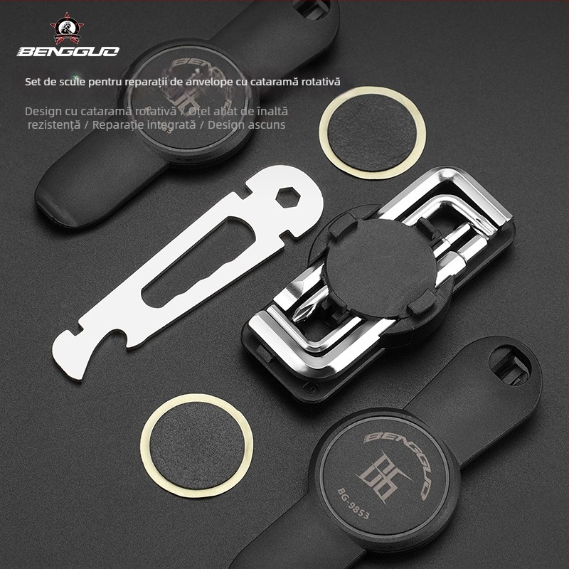 Set de unelte pentru repararea pneurilor bicicletei, 13 în 1, mecanism rotativ integrat, oțel CRV cu placare nichel + ABS, BG-9853