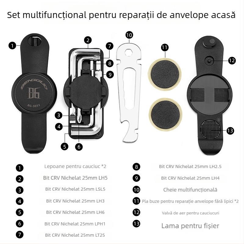 Set de unelte pentru repararea pneurilor bicicletei, 13 în 1, mecanism rotativ integrat, oțel CRV cu placare nichel + ABS, BG-9853