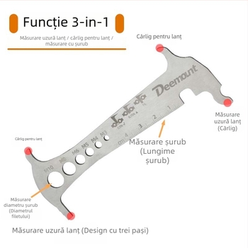 Măsurător de lanț 3-în-1 pentru biciclete de munte, oțel inoxidabil 304, caliper pentru uzură lanț și riglă de măsurare, personalizabil