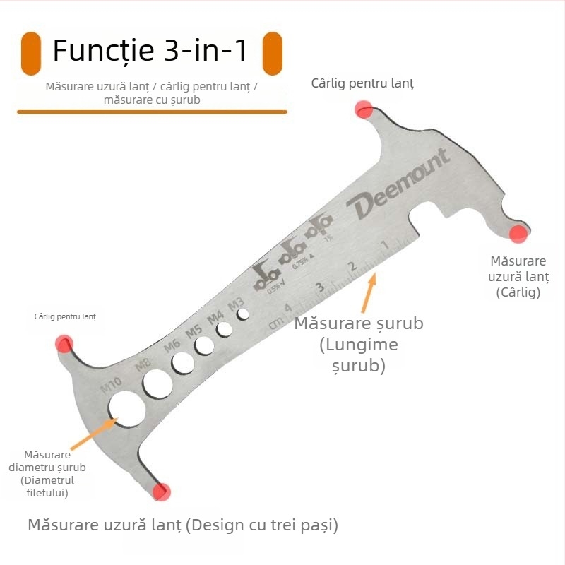 Măsurător de lanț 3-în-1 pentru biciclete de munte, oțel inoxidabil 304, caliper pentru uzură lanț și riglă de măsurare, personalizabil
