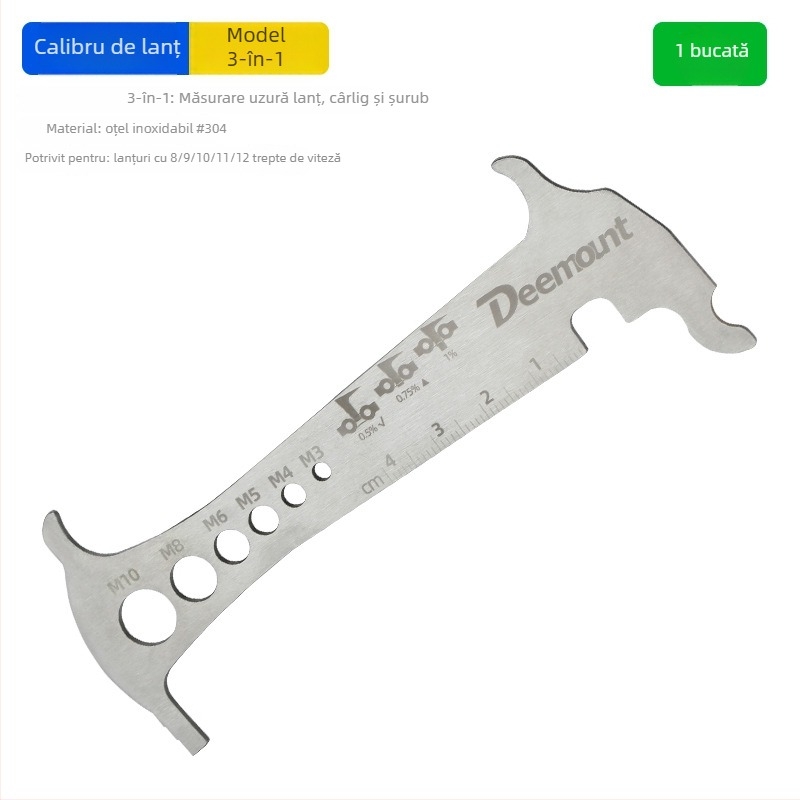 Măsurător de lanț 3-în-1 pentru biciclete de munte, oțel inoxidabil 304, caliper pentru uzură lanț și riglă de măsurare, personalizabil