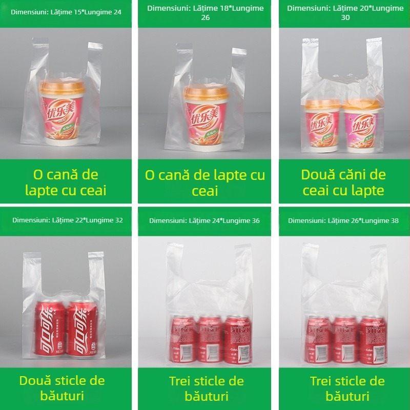 Geantă din plastic transparent, tip vestă, de unică folosință, pentru takeaway și ambalare generală