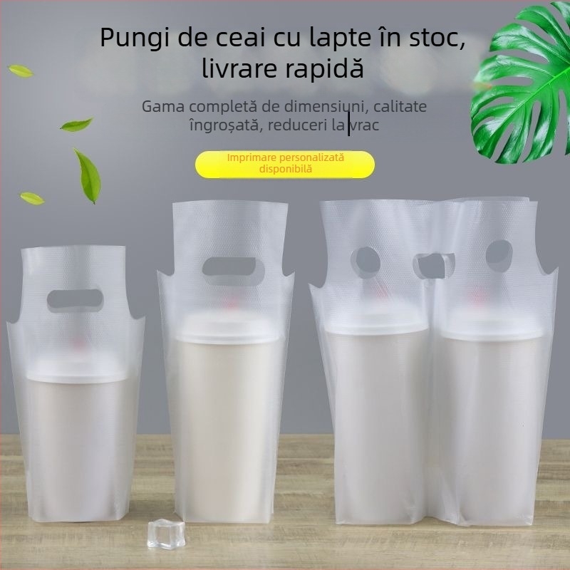 Pungă transparentă din plastic pentru ambalarea ceaiului cu lapte, pentru un singur pahar sau doi, cu mâner de transport