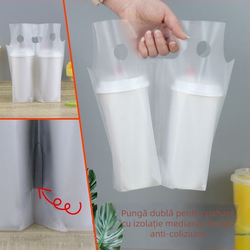 Pungă transparentă din plastic pentru ambalarea ceaiului cu lapte, pentru un singur pahar sau doi, cu mâner de transport
