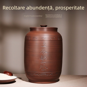 Recipient ceramic pentru depozitarea orezului cu capac, etanș, rezistent la umezeală și insecte; capacitate 4–5 L; stil Chinez nou