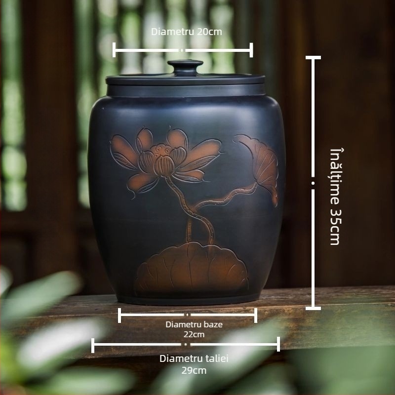 Recipient ceramic pentru depozitarea orezului cu capac, etanș, rezistent la umezeală și insecte; capacitate 4–5 L; stil Chinez nou