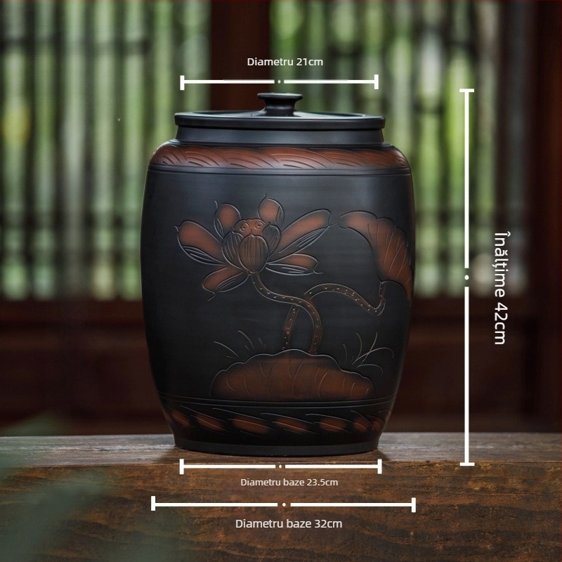 Recipient ceramic pentru depozitarea orezului cu capac, etanș, rezistent la umezeală și insecte; capacitate 4–5 L; stil Chinez nou