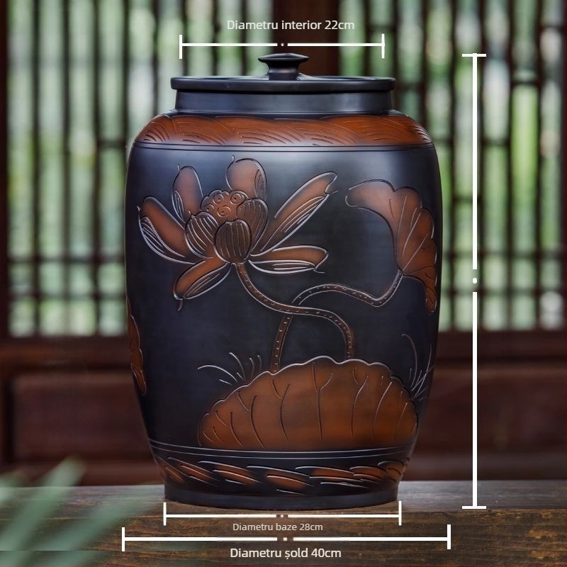 Recipient ceramic pentru depozitarea orezului cu capac, etanș, rezistent la umezeală și insecte; capacitate 4–5 L; stil Chinez nou