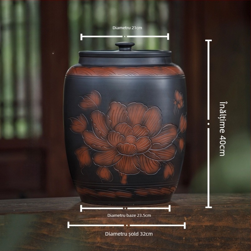 Recipient ceramic pentru depozitarea orezului cu capac, etanș, rezistent la umezeală și insecte; capacitate 4–5 L; stil Chinez nou