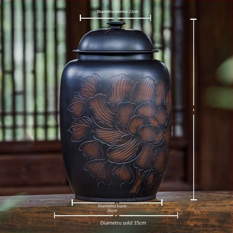 Recipient ceramic pentru depozitarea orezului cu capac, etanș, rezistent la umezeală și insecte; capacitate 4–5 L; stil Chinez nou