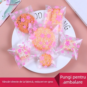 Pungă autoadezivă pentru ambalarea prăjiturilor, finisaj matte cu flori de cireș, material plastic, ambalare alimentară