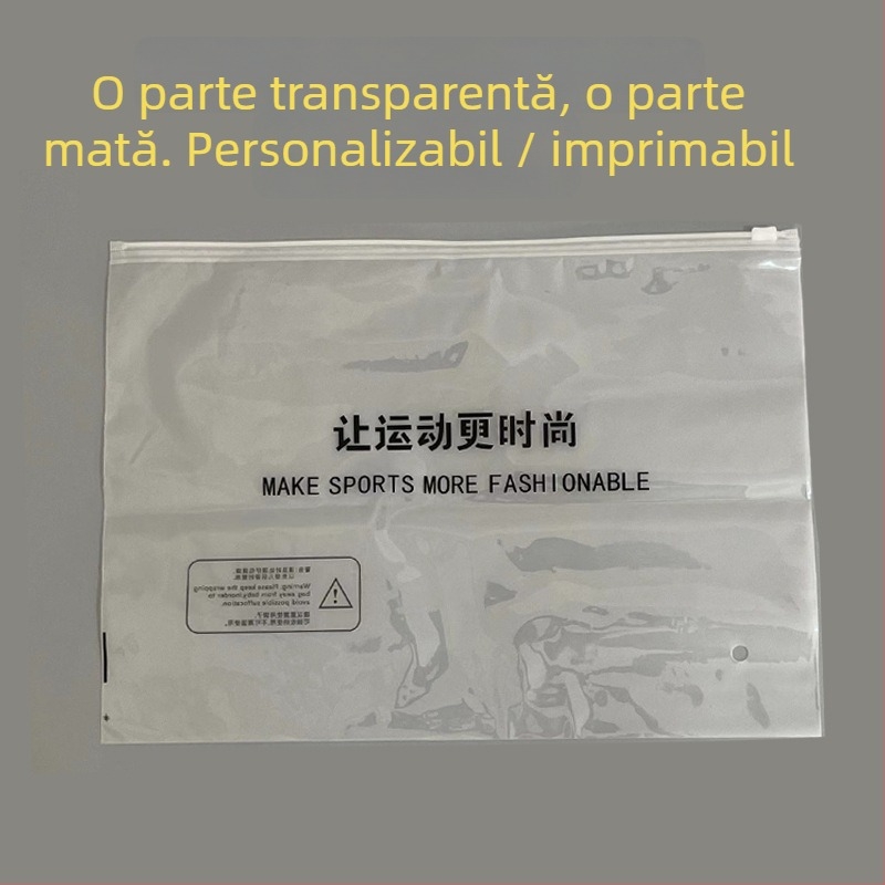 Pungă de ambalaj pentru haine cu fermoar, imprimare logo personalizată — două fețe, una transparentă și cealaltă mată, pentru haine și șosete