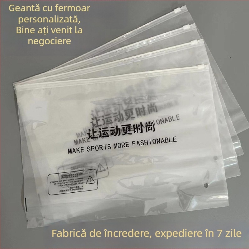 Pungă de ambalaj pentru haine cu fermoar, imprimare logo personalizată — două fețe, una transparentă și cealaltă mată, pentru haine și șosete